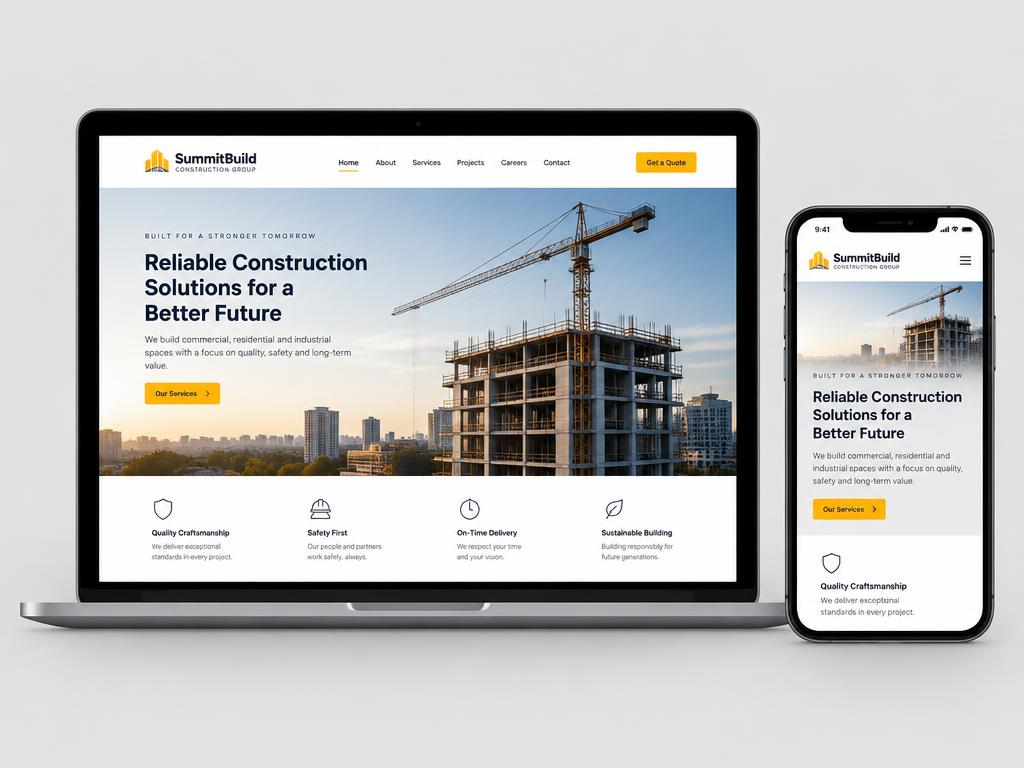 Bedrijfswebsite voor een bouwbedrijf op laptop en smartphone