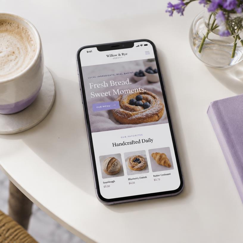 Smartphone met een onepager-website